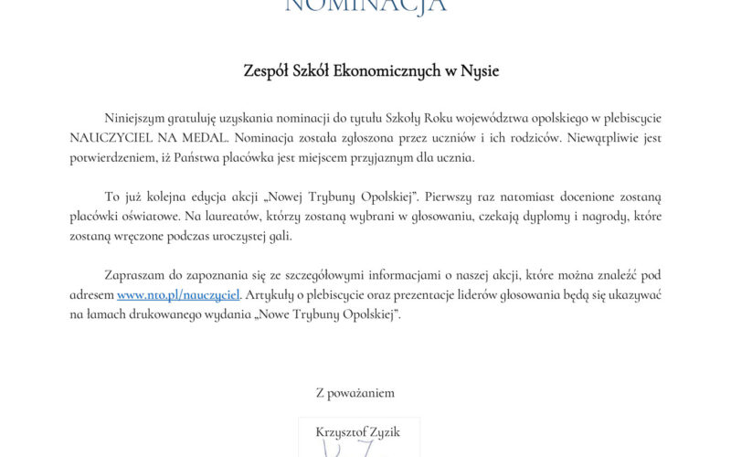 Nominacja do tytułu SZKOŁY ROKU województwa opolskiego