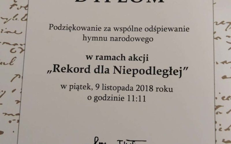 Podziękowanie za wspólne odśpiewanie hymnu narodowego „Rekord dla Niepodłegłej”