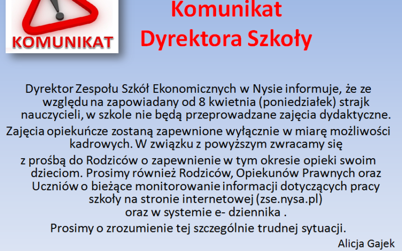 Komunikat Dyrektora Szkoły- ważne!